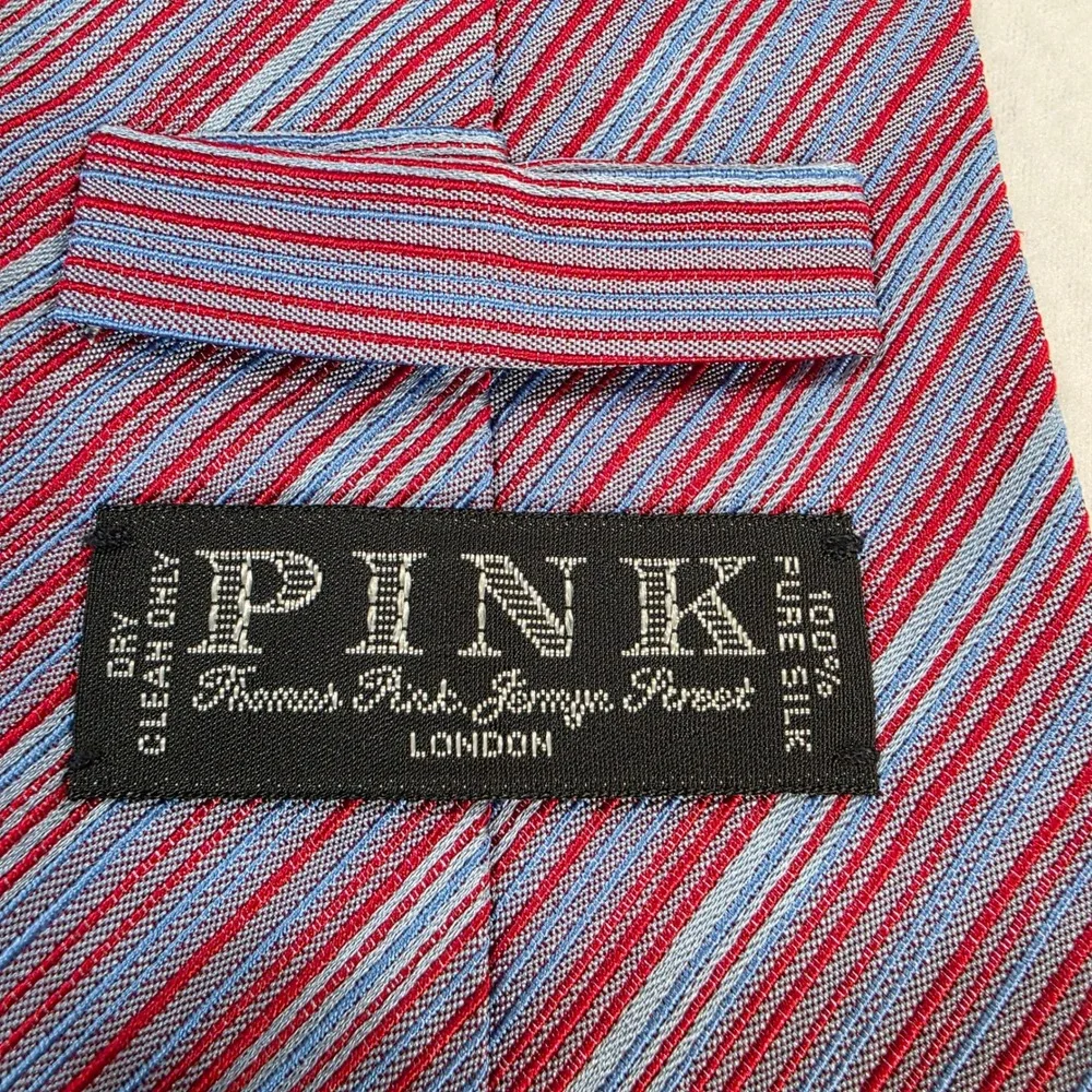 Thomas Pink London Mens Silk Tie Red Blue Grey Striped Made in France Classic